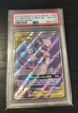 Pokemon PSA 8 NM-MT Unified Minds Mewtwo & Mew GX Full Art Holo Card 222/236 - Image 1