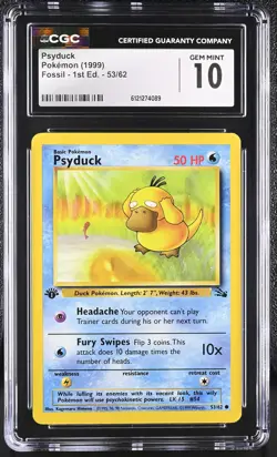 CGC 10 GEM MINT Psyduck 1999 Fossil 1st Edition 53/62 Pokemon Card - Image 1