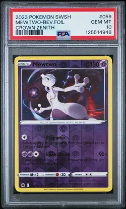 2023 POKEMON SWORD & SHIELD CROWN ZENITH #059 MEWTWO-REVERSE FOIL PSA 10 - Image 1