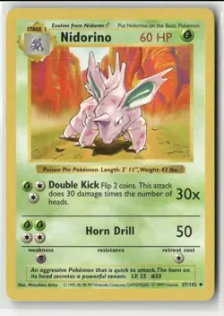 1999 Pokemon Classic - Base Set Vintage SHADOWLESS WotC Nidorino #37/102 - Image 1