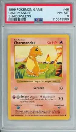 1999 Pokemon Base Set Charmander SHADOWLESS PSA 8 Fresh Grade #46 - Image 1