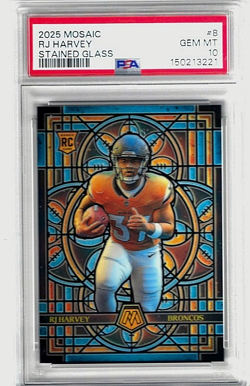 2025 PANINI MOSAIC RJ HARVEY #8 RC BRONCOS STAINED GLASS PRIZM CASE HIT PSA 10 - Image 1