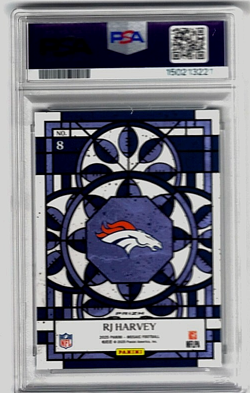 2025 PANINI MOSAIC RJ HARVEY #8 RC BRONCOS STAINED GLASS PRIZM CASE HIT PSA 10 - Image 2