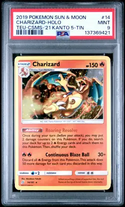 2019 POKEMON SUN & MOON TEAM UP #14 CHARIZARD-HOLO PSA 9 - Image 1