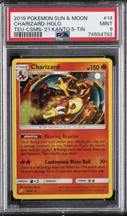 2019 POKEMON SUN & MOON TEAM UP #14 CHARIZARD-HOLO PSA 9 - Image 1
