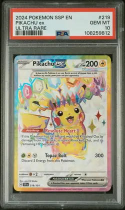 2024 POKEMON SSP EN-SURGING SPARKS ULTRA RARE #219 PIKACHU EX PSA 10 - Image 1