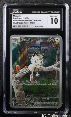 CGC 10 Gem Mint Meowth 106/094 Illustration Rare Holo Phantasmal Flames Pokemon - Image 1
