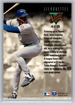 💎1993 Studio Baseball Silhouettes #4 Juan Gonzalez - Texas Rangers💎 - Image 2