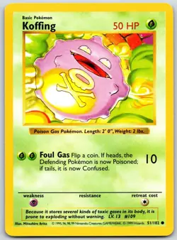 POKEMON BASE SET SHADOWLESS KOFFING 51/102 COMMON UNLIMITED NM - Image 1