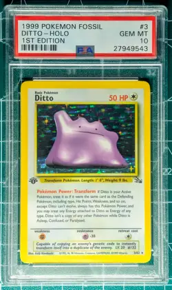 PSA 10 GEM MINT Ditto 3/62 HOLO RARE Fossil 1ST EDITION Pokemon Card - Image 1