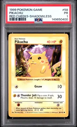1999 POKEMON BASE SET RED CHEEKS-SHADOWLESS #58 PIKACHU PSA 1 - Image 1
