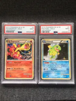 Pokemon MAGMORTAR 2/95 & POLITOED 7/95 PSA 9 - HG & SS - Unleashed - Holo - Image 1