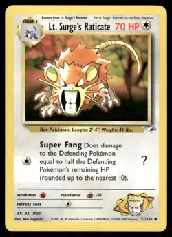 Pokemon Cards Lt. Surge's Raticate 51/132 UNLIMITED Gym Heroes WOTC Uncommon NM - Image 1