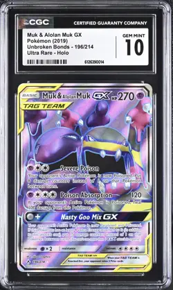 Muk & Alolan Muk GX Pokemon 2019 Unbroken Bonds 196/214 Ultra Rare Holo GM 10! - Image 1