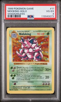 1999 POKEMON GAME #11 NIDOKING - HOLO SHADOWLESS PSA 4 VG - EX - Image 1