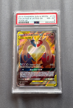 2019 POKEMON SUN & MOON TEAM UP #170 FULL ART/LATIAS & LATIOS GX PSA 8 - Image 1