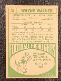 1968 Topps Football Wayne Walker Card #26 NM Detroit Lions - Image 2