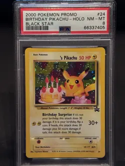 Birthday Pikachu Holo #24 Black Star Promo Pokemon PSA 8 🎂🎈 with Swirl 🌀 - Image 1