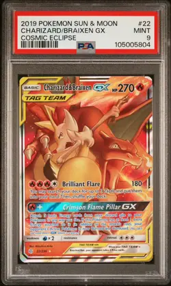 2019 Pokemon SUN MOON TAG TEAM CHARIZARD BRAIXEN GX COSMIC ECLIPSE #22 PSA 9 - Image 1