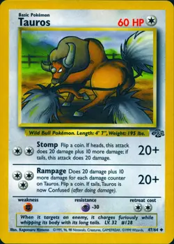 TAUROS 47/64 UNCOMMON JUNGLE POKEMON UNLIMITED LP - Image 1