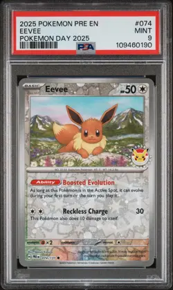 2025 POKEMON PRE EN-PRISMATIC EVOLUTIONS POKEMON DAY 2025 #074 EEVEE PSA 9 - Image 1