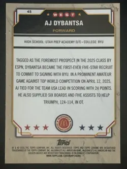 2025 Topps Chrome Mcdonald's All American - AJ Dybantsa #45 (RC) - Image 2