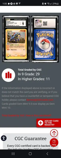 CGC 9 MINT Armaldo Holo ex Sandstorm Pokemon Card 1/100 2003 Ereader Card - Image 4