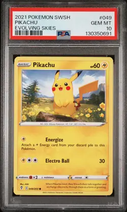 2021 POKEMON SWORD & SHIELD EVOLVING SKIES #049 PIKACHU PSA 10 - Image 1