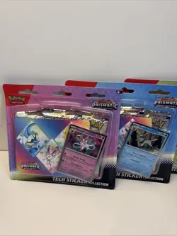 Pokemon TCG Prismatic Evolutions 3 Pack Blister Tech Sticker Collection Lot Of 4 - Image 2