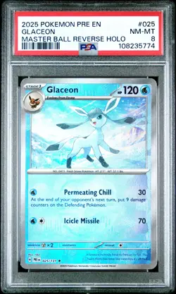 2025 Pokemon Prismatic Evolutions Glaceon #025 Master Ball Reverse Holo PSA 8 - Image 1