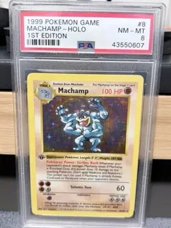 1999 Pokemon Base SHADOWLESS 1st Edition Machamp #8 Holo PSA 8 CENTERED BEAUTY - Image 1