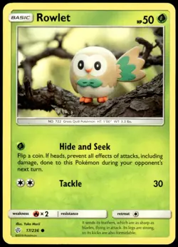 Rowlet 17/236 Cosmic Eclipse Common LP Pokemon 2019 - Image 1