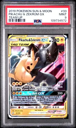 2019 POKEMON SUN & MOON TEAM UP #33 PIKACHU & ZEKROM GX PSA 9 - Image 1