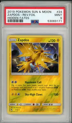 2019 Pokemon Sun & Moon Hidden Fates Zapdos Reverse Foil Holo #24 PSA 9 - Image 1