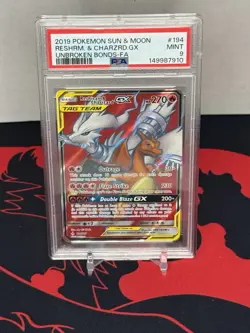 Pokemon 2019 SM Unbroken Bonds Reshiram & Charizard GX 194 Full Art Holo PSA 9 - Image 1