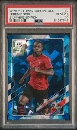 2020-21 Topps Chrome UEFA Champions League Sapphire Jeremy Doku PSA 10 RC #2 MCI - Image 1