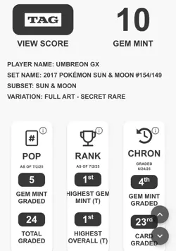 RANK #1 TAG 10 Pokemon TCG Umbreon GX Sun & Moon 154/149 Holo Secret Rare - Image 3