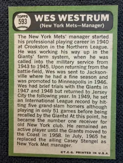 1967 TOPPS #593 WES WESTRUM NEW YORK METS MGR. HIGH # SP NM/MT BEAUTIFUL HIGH - Image 2