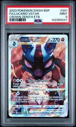 2023 Pokemon SWSH BSP Full Art Lucario Vstar Crown Zenith ETB #291 PSA 9 - Image 1