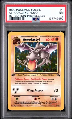 1999 POKEMON FOSSIL 1ST EDITION-PRERELEASE #1 AERODACTYL-HOLO PSA 7 - Image 1