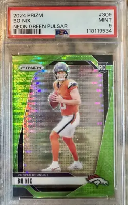 2024 Panini Prizm Bo Nix Neon Green Pulsar #309 Rookie Broncos PSA 9 - Image 1