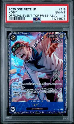 2025 ONE PIECE JAPANESE PROMOS OFFICIAL EVENT TOP PRIZE-ASIA #119 KOBY PSA 8 - Image 1