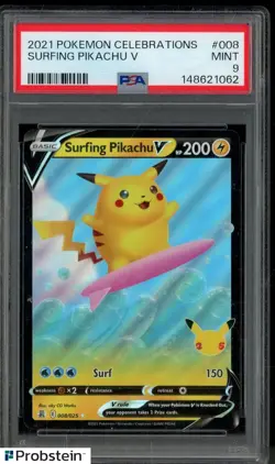 2021 Pokemon Celebrations #008 Surfing Pikachu V PSA 9 MINT - Image 1