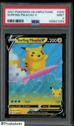#3 2021 Pokemon Celebrations #008 Surfing Pikachu V PSA 9 MINT - Image 1