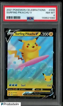 2021 Pokemon Celebrations #008 Surfing Pikachu V PSA 8 NM-MT - Image 1