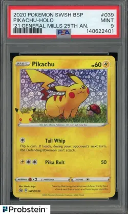 2020 Pokemon SWSH BSP '21 General Mills 25th Anniversary #039 Pikachu Holo PSA 9 - Image 1