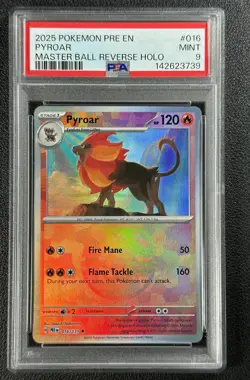 PYROAR PSA 9 2025 POKEMON PRISMATIC EVOLUTIONS #016/131 REVERSE HOLO MASTER BALL - Image 1
