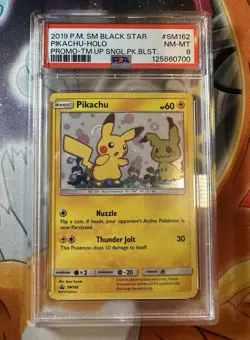 PSA 8 Pikachu SM162 2019 Pokemon Black Star Promo Team Up - GALAXY SWIRL 🌀 - Image 1