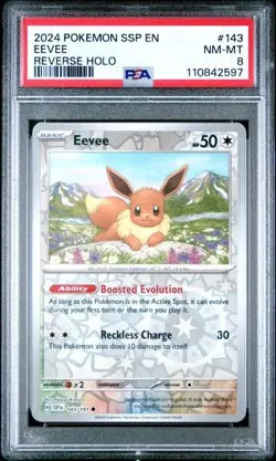 PSA 8 NM-MT Eevee, SV Surging Sparks, Pokemon Reverse Holo, 143/191 - Image 1