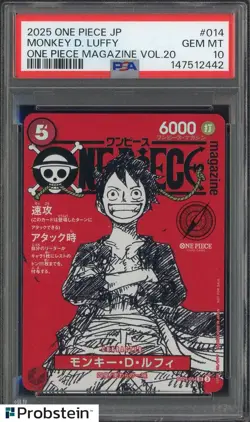 2025 ONE PIECE JPN PROMOS ONE PIECE MAGAZINE VOL.20 #014 MONKEY D. LUFFY PSA 10 - Image 1